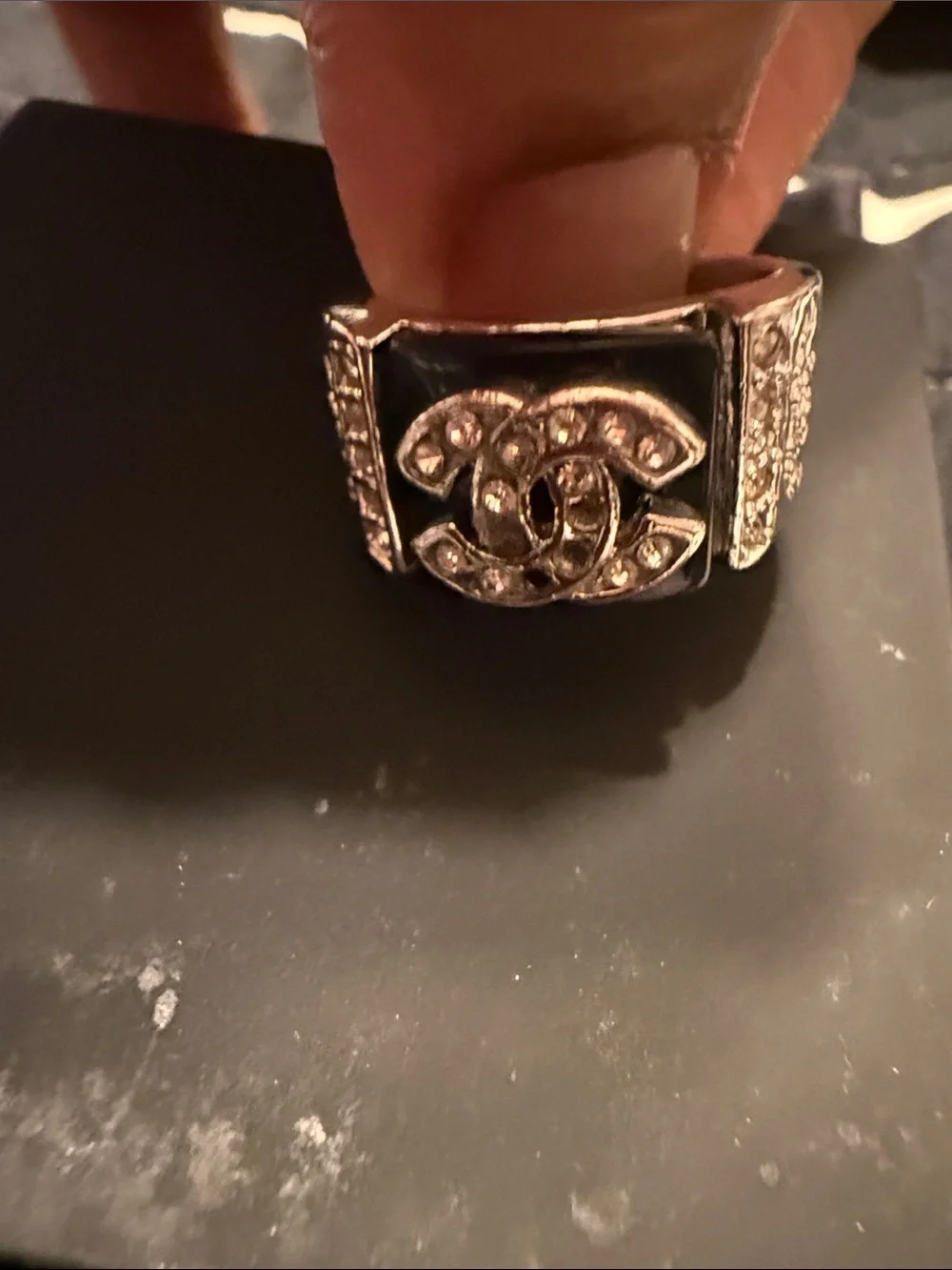 CHANEL Silver and Black Crystal CC Signet Ring